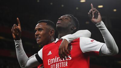 Eddie Nketiah celebrates with Marquinhos after scoring Arsenal's first goal in the 3-0 Europa League win against Bodo Glimt at Emirates Stadium on October 6, 2022. PA