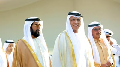 Sheikh Tahnoun bin Mohammed, the Abu Dhabi Ruler’s Representative in the Eastern Region, Sheikh Saud bin Saqr Al Qasimi, Ruler of Ras Al Khaimah, and Sheikh Hamdan bin Rashid, Deputy Ruler of Dubai and Minister of Finance, attend the mass wedding in Abu Dhabi on Tuesday. Wam