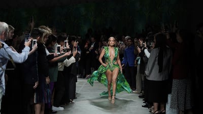 Lopez modelled the same jungle-print dress she wore to the Grammy Awards in 2000. Photo: Vittorio Zunino Celotto / Getty Images