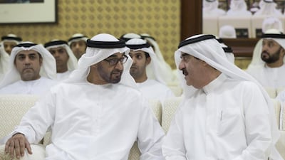 Sheikh Mohammed bin Zayed, Crown Prince of Abu Dhabi and Deputy Supreme Commander of the Armed Forces, with Sheikh Saud bin Rashid Al Mu’alla, Ruler of Umm Al Quwain, before a lecture at Al Bateen Palace by Wendy Kopp, chief executive of Teach For All. Ryan Carter / Crown Prince Court – Abu Dhabi
