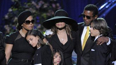 From left, Janet Jackson, Paris Jackson, Prince Michael II, LaToya Jackson, Jackie Jackson and Prince Michael I during the memorial service for Michael Jackson at the Staples Center in Los Angeles on Tuesday.