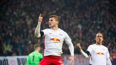 RB Leipzig forward Timo Werner celebrates scoring the opening goal against Schalke in Leipzig, Germany on December 3, 2016. Jens Schluter / AFP