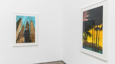The works in the exhibition range from beach views with silhouetted flying birds against a blazing sky to self-portraits of Nabil facing a mountainous terrain, an urban landscape or a star studded sky. Antonie Robertson / The National