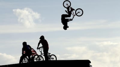 Riders watch as Steve McCann of Australia warms up for the BMX Big Air Finals during the X Games Austin at Circuit of The Americas on June 7, 2014 in Austin, Texas. Ezra Shaw / Getty Images / AFP