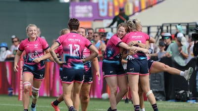 Dubai Phoenix celebrate their win over Chameleons Rugby in their Gulf Women's final at the Dubai Sevens. Victor Besa / The National