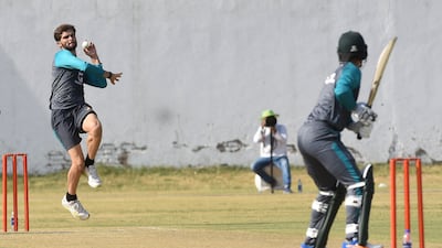 Pakistan pacer Shaheen Afridi bowls during a training session ahead of the West Indies series. AFP