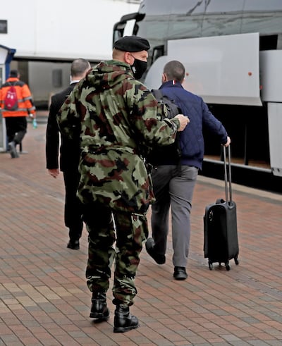 A bus at Dublin airport transports passengers to a hotel for mandatory quarantine. Getty Images