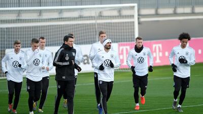 Germany's players take part a training session in Wolfsburg ahead of their friendly against Serbia on Thursday. Peter Steffen / AFP