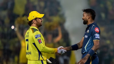 MS Dhoni's Chennai Super Kings will take on Gujarat Titans - captained by Hardik Pandya, right - in the IPL 2023 final in Ahmedabad on Sunday, May 28. AP
