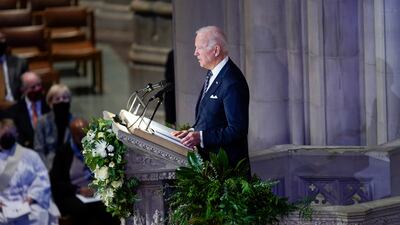 US President Joe Biden speaks during the funeral service. AP