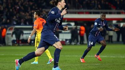 Zlatan Ibrahimovic celebrates his equaliser against Barcelona.