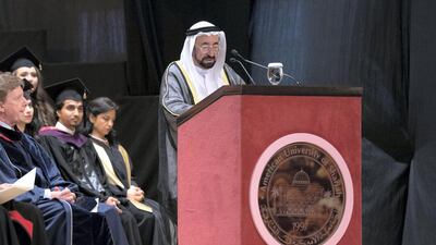Sheikh Dr Sultan bin Muhammad Al Qasimi, Ruler of Sharjah and president of the American University of Sharjah, gives a speech announcing the allocation of Dh550m to scientific research during a graduation ceremony on Saturday. Wam