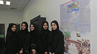 From left, Alanood Al Romaithi, Asma Al Ketbi, Iman Lari, Raissa Al Falahi and Shaikha Al Kharji with their project titled Yas Market during the award ceremony for the Yas Breakthrough Challenge, held at Ferrari World. Jeffrey E Biteng / The National