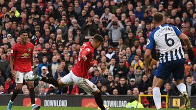 Andreas Pereira scores Manchester United's opening goal against Brighton and Hove Albion. AFP