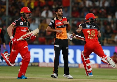 Bhuvneshwar Kumar, centre, is Sunrisers Hyderabad's frontline bowler and, possibly, one to watch in the play-offs. Aijaz Rahi / AP Photo