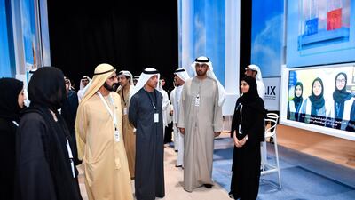 Sheikh Mohammed bin Rashid, Sheikh Mansour, Sheikh Hazza and Dr Sultan Al Jaber, Minister of State and chief executive of Adnoc Group, are briefed on the latest innovations and alternative solutions to generate sustainable and clean energy at ADSW. Wam
