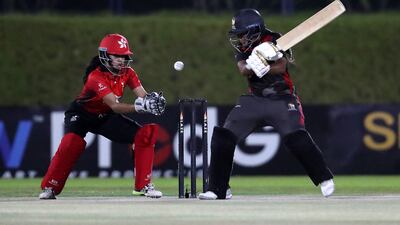Kavisha Egodage of UAE watches the ball.