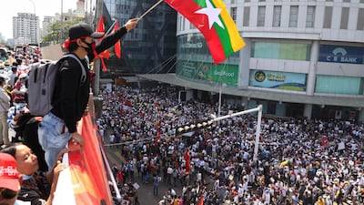 Protesters take part in a demonstration against the military coup in front of the Chinese embassy in Yangon. AFP