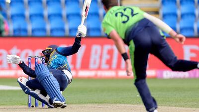 Dhananjaya de Silva takes a tumble during the match between Sri Lanka and Ireland. AFP