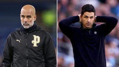 Pep Guardiola, manager of Manchester City, left, and Arsenal manager, Mikel Arteta. Getty Images / Reuters