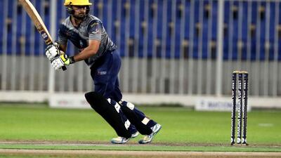 Pacific Group's Mohammad Ikram bats in the Sharjah Ramadan Cup game against MGM Cricket Club