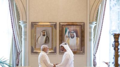Sheikh Mohammed bin Zayed, Crown Prince of Abu Dhabi and Deputy Supreme Commander of the Armed Forces, met the Indian prime minister Narendra Modi in Abu Dhabi on Monday. Ryan Carter / Crown Prince Court - Abu Dhabi