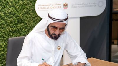 Sheikh Mohammed bin Rashid, Vice President and Ruler of Dubai, visits the Legislations Lab on Sunday. Courtesy Sheikh Mohammed bin Rashid