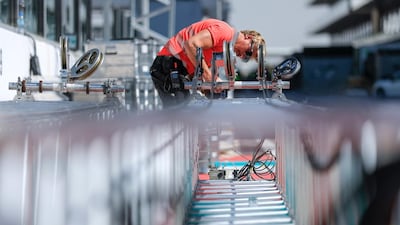 Abu Dhabi Grand Prix preparations 2019. A boom stand crew doing some safety checks before proper installation. Victor Besa / The National
