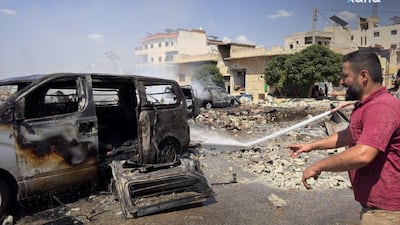 Footage from the scene of an explosion involving a vehicle loaded with ammunition in the city of Binnish, in the Idlib countryside. Photo: Sana