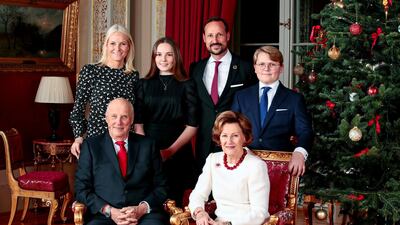 Norway's King Harald, Crown Princess Mette-Marit, Princess Ingrid Alexandra, Crown Prince Haakon, Queen Sonja and Prince Sverre Magnus smile for their Christmas photography in the Royal Palace in Oslo, Norway. EPA
