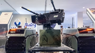 Milrem Robotics' unmanned ground combat system with the Scorpion remote weapons station. Saudi Arabia's Wahaj, the UAE's Edge and Estonia's Themis worked on the widely exported vehicle. Robert Tollast / The National