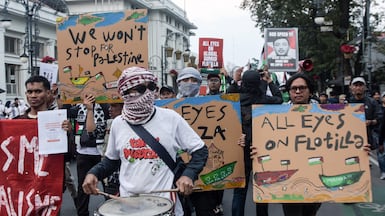 Activists in Indonesia hold a rally against Israel intercepting ships from the Global Sumud Flotilla to Gaza. AFP