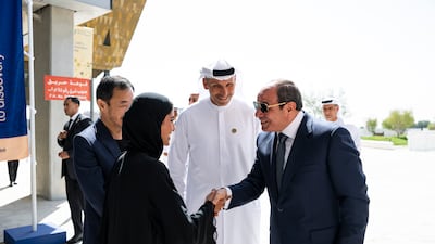 Khaldoon Al Mubarak, Abu Dhabi Executive Council member, chairman of the Executive Affairs Authority and managing director group CEO of Mubadala Investment Company, looks on as Mr El Sisi meets Sheikha Salama