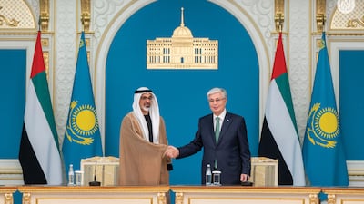 Sheikh Khaled bin Mohamed, Crown Prince of Abu Dhabi and Chairman of the Abu Dhabi Executive Council, and Kassym-Jomart Tokayev, President of the Republic of Kazakhstan, witness the collaboration agreement in Kazakhstan. Photo: Abu Dhabi Media Office