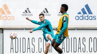 Lucas Vazquez and Vinicius Junior during training on Tuesday. Getty