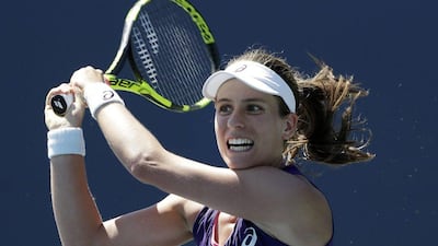 Johanna Konta, of Britain, sends a return to Venus Williams during the Stanford WTA final on Sunday. Marcio Jose Sanchez / AP Photo / July 24, 2016