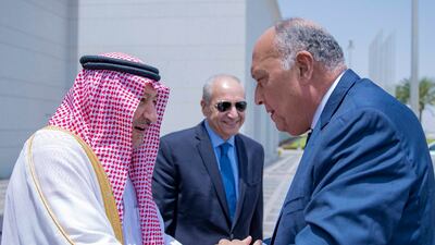 Saudi Deputy Foreign Minister Walid Al Khuraiji receives Egypt’s Foreign Minister Sameh Shoukry at the Royal Hall, in Jeddah. Photo: Saudi Ministry of Foreign Affairs