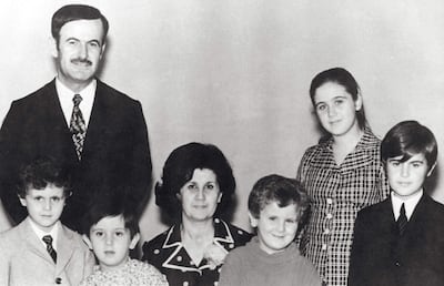 Hafez Al Assad with his wife Anissa and their children, from left, Bashar, Maher, Majd, Bushra and Bassel. Photo: Aar / Sipa / Shutterstock