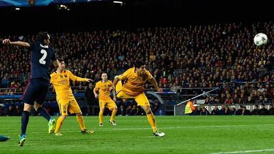 Luis Suarez of Barcelona scores their second goal with a header during the Uefa Champions League quarter final first leg match between FC Barcelona and Atletico Madrid at Camp Nou on April 5, 2016 in Barcelona, Spain. (Photo by David Ramos/Getty Images)