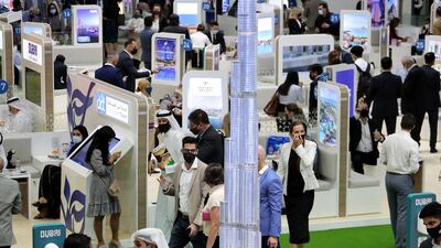 The Dubai stand, with a model of Burj Khalifa in the foreground, at Arabian Travel Market. Pawan Singh / The National.