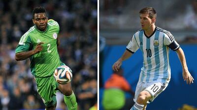 Joseph Yobo of Nigeria and Lionel Messi of Argentina will square off in their final Group F match at the 2014 World Cup on Wednseday, June 25, 2014. Pedro Ugarte / Glyn Kirk / AFP