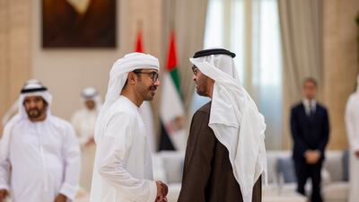 President Sheikh Mohamed and Sheikh Abdullah bin Zayed, Minister of Foreign Affairs, attend condolences on the passing of Sheikh Tahnoon bin Mohammed, Ruler's Representative in Al Ain Region, at Al Mushrif Palace. Ryan Carter / UAE Presidential Court