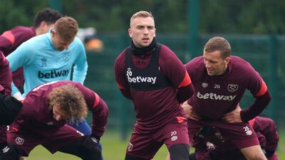 West Ham's Jarrod Bowen, centre, training with teammates. PA