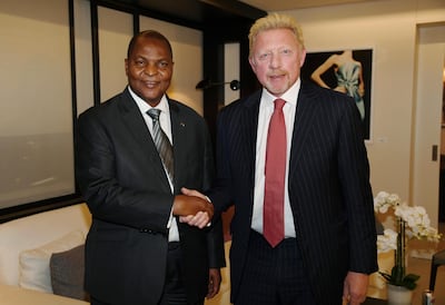Central African Republic President Faustin Touadera with Boris Becker in Brussels, Belgium on Friday, April 27, 2018, after the retired tennis star was appointed as his country's Attache for Sports and Humanitarian and Cultural Affairs in the European Union with immediate effect. Irle Moser Rechtsanwalte PartG via AP Images