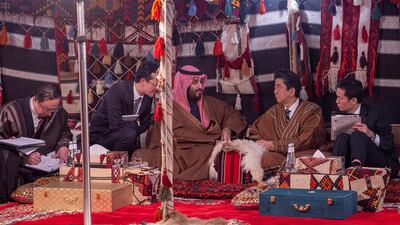 Crown Prince Mohammed bin Salman meets with Mr. Abe during a meeting in Riyadh.