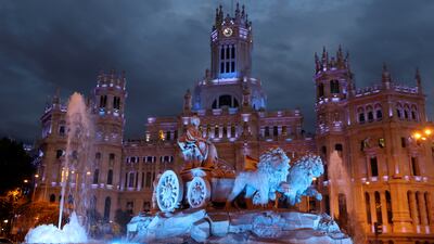 Plaza Cibeles lights up to celebrate Unesco adding Madrid's historic Paseo del Prado boulevard and Retiro Park to its list of World Heritage Sites