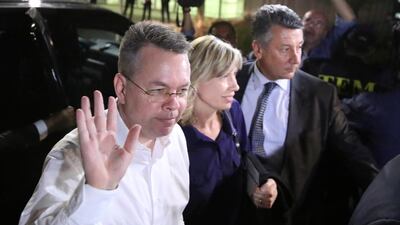 U.S. pastor Andrew Brunson and his wife Norrine arrive at the airport in Izmir, Turkey October 12, 2018. REUTERS/Umit Bektas TPX IMAGES OF THE DAY