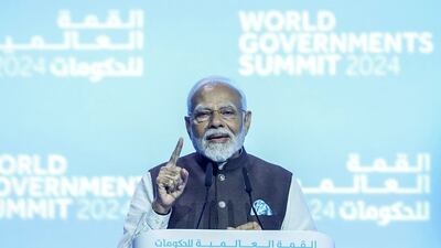 India's Prime Minister Narendra Modi addressing global leaders at the World Governments Summit in Dubai. AFP