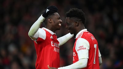 Eddie Nketiah celebrates with Bukayo Saka. Getty