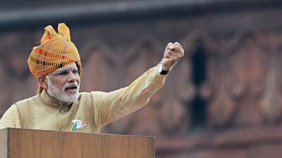 Indian prime minister Narendra Modi gestures as he delivers his Independence Day speech from The Red Fort in New Delhi on August 15. AFP Photo